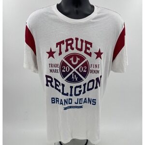 True Religion TShirt Mens SizeXL Short Sleeve Football Crew Neck Red White Black